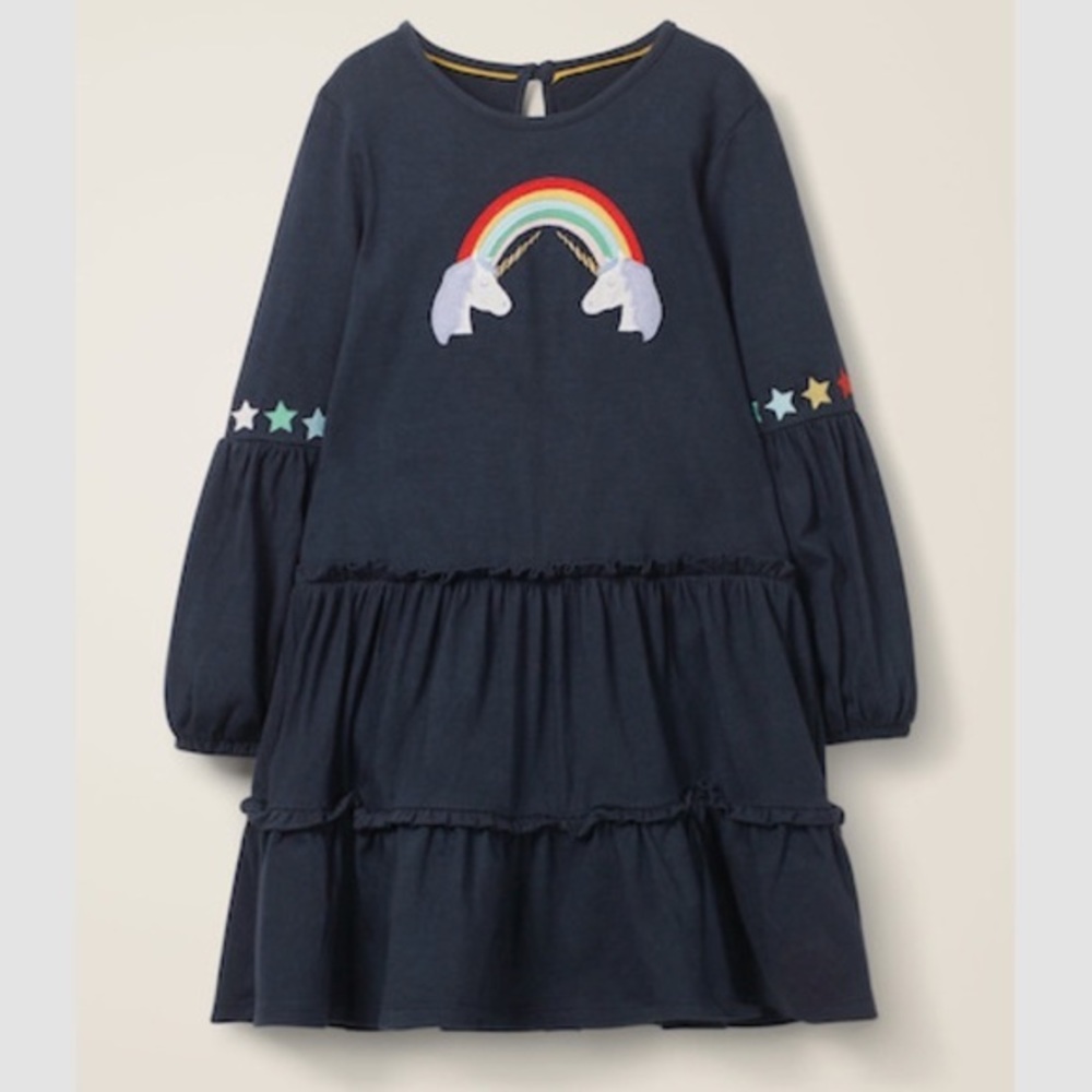Mini Boden Bright Tiered Stormy Blue Unicorn Jersey Dress in Navy Size 5-6 Year - Picture 1 of 10